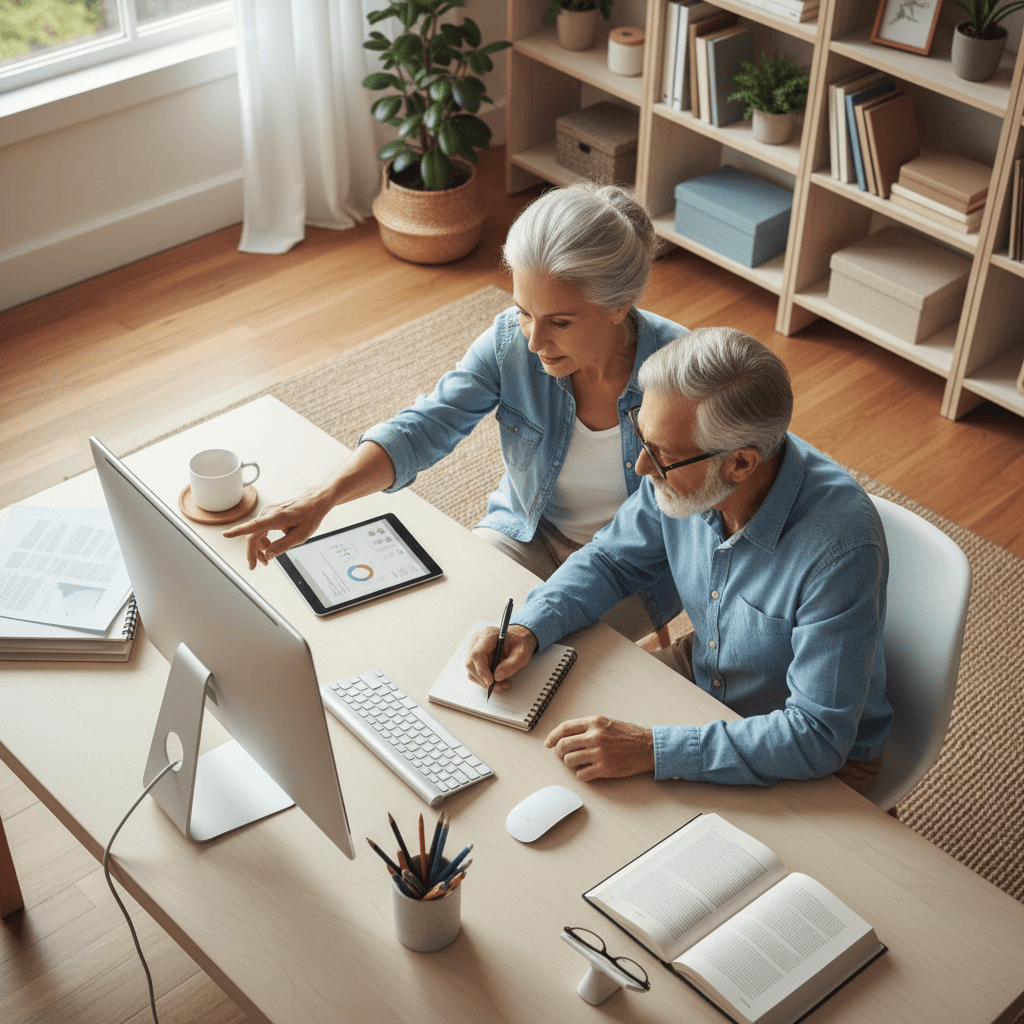 Retired couple collaborating at desktop computer in bright home office, pointing at screen together