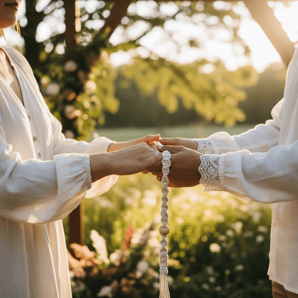 Celebrant's hands guiding couple's hands in handfasting ritual with cord during outdoor ceremony in golden hour light