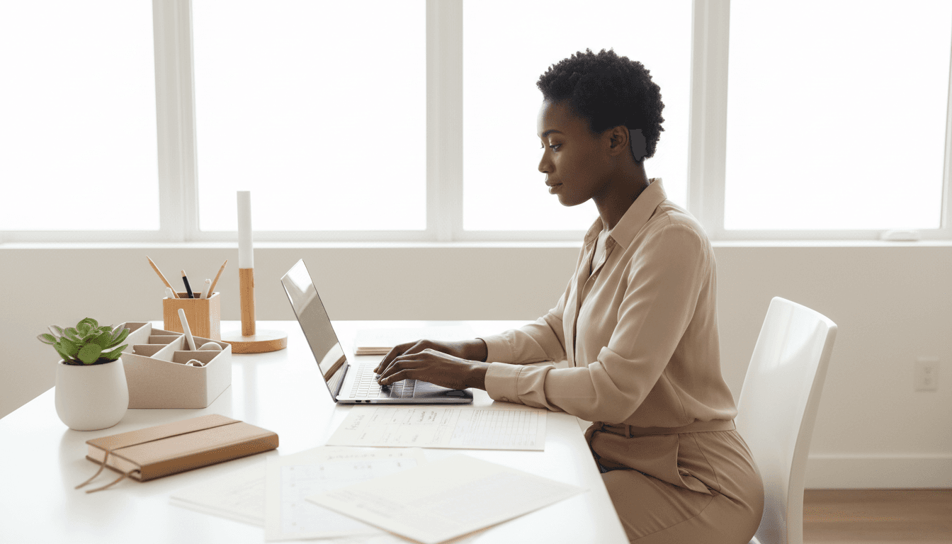 Professional woman managing tasks at organized desk with laptop and calendar