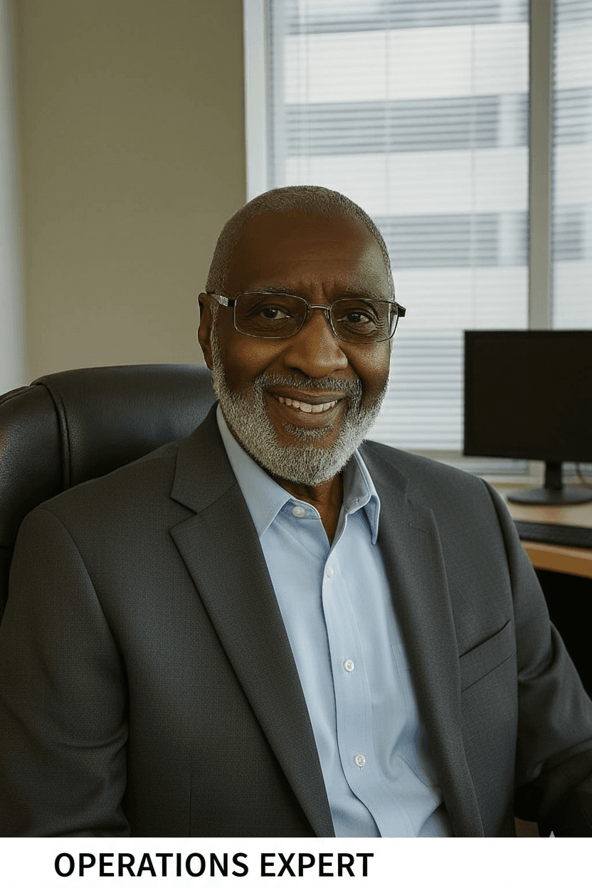 Smiling senior Black man with glasses and grey beard wearing a suit in an office.