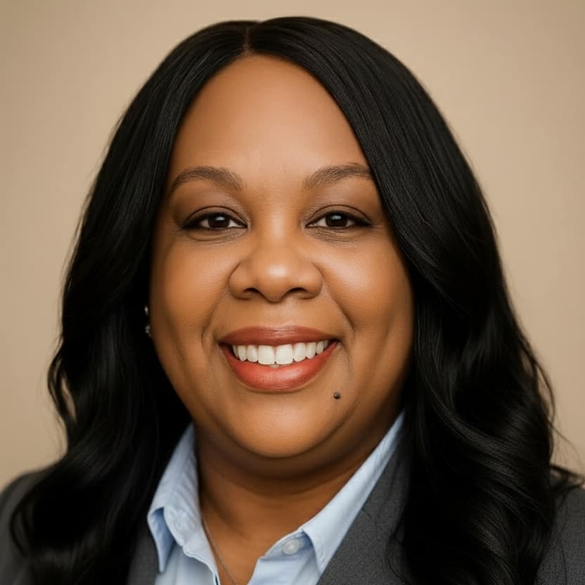 Professional headshot of a smiling Black woman with long dark hair against a neutral background.